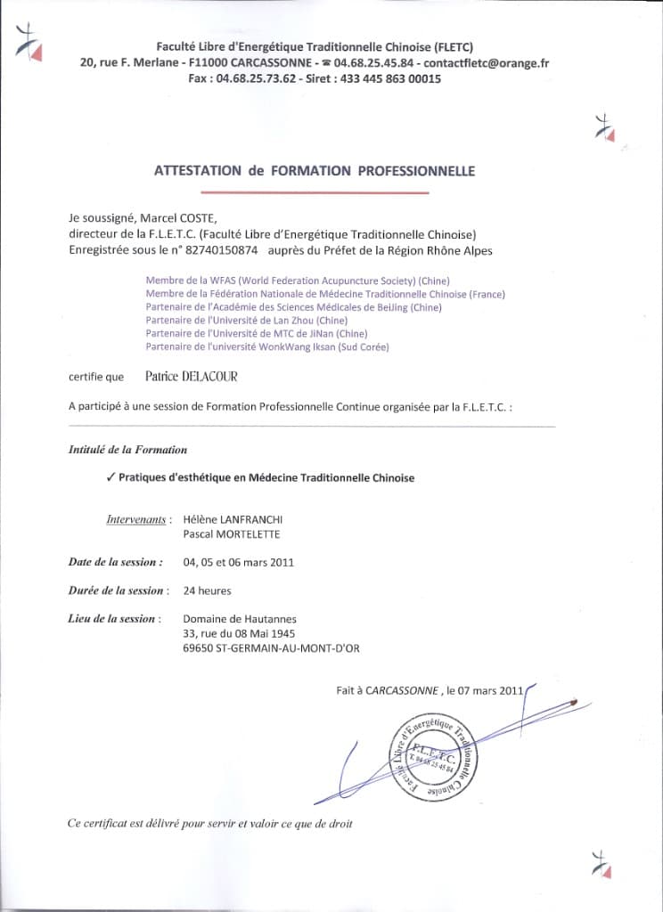 Attestation de formation professionnelle des pratiques d'esthétique en Médecine Traditionnelle Chinoise
